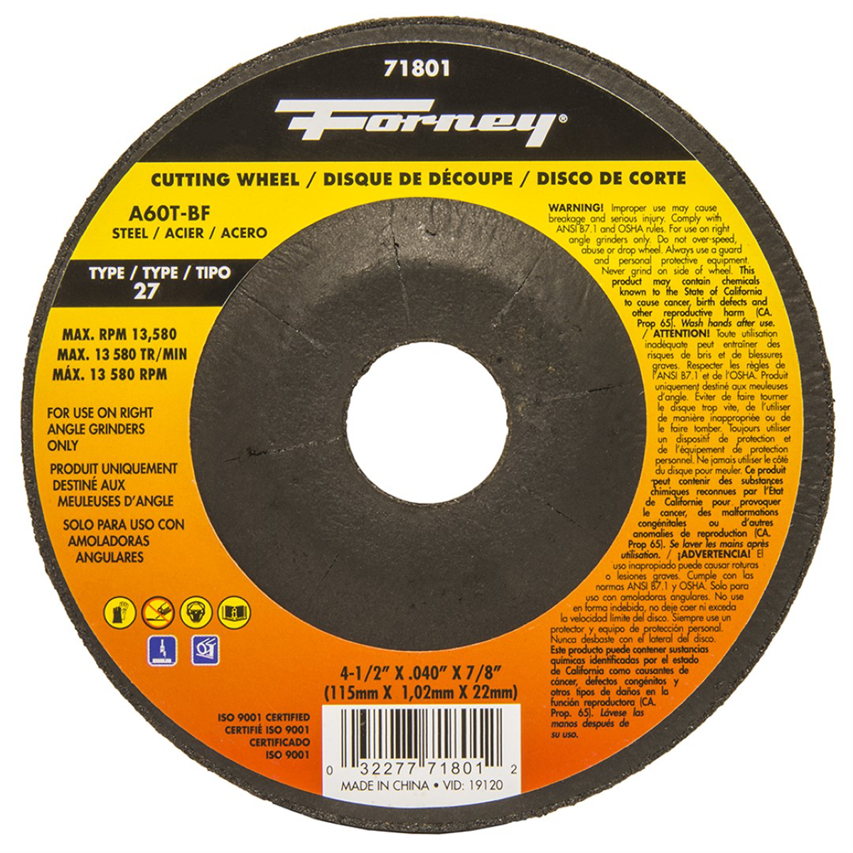 Forney Industries Cut-Off Wheel, Metal, Type 27, 4-1/2 in x .040 in x 7/8 in - 71801 - B2B Diesel & Gas Service