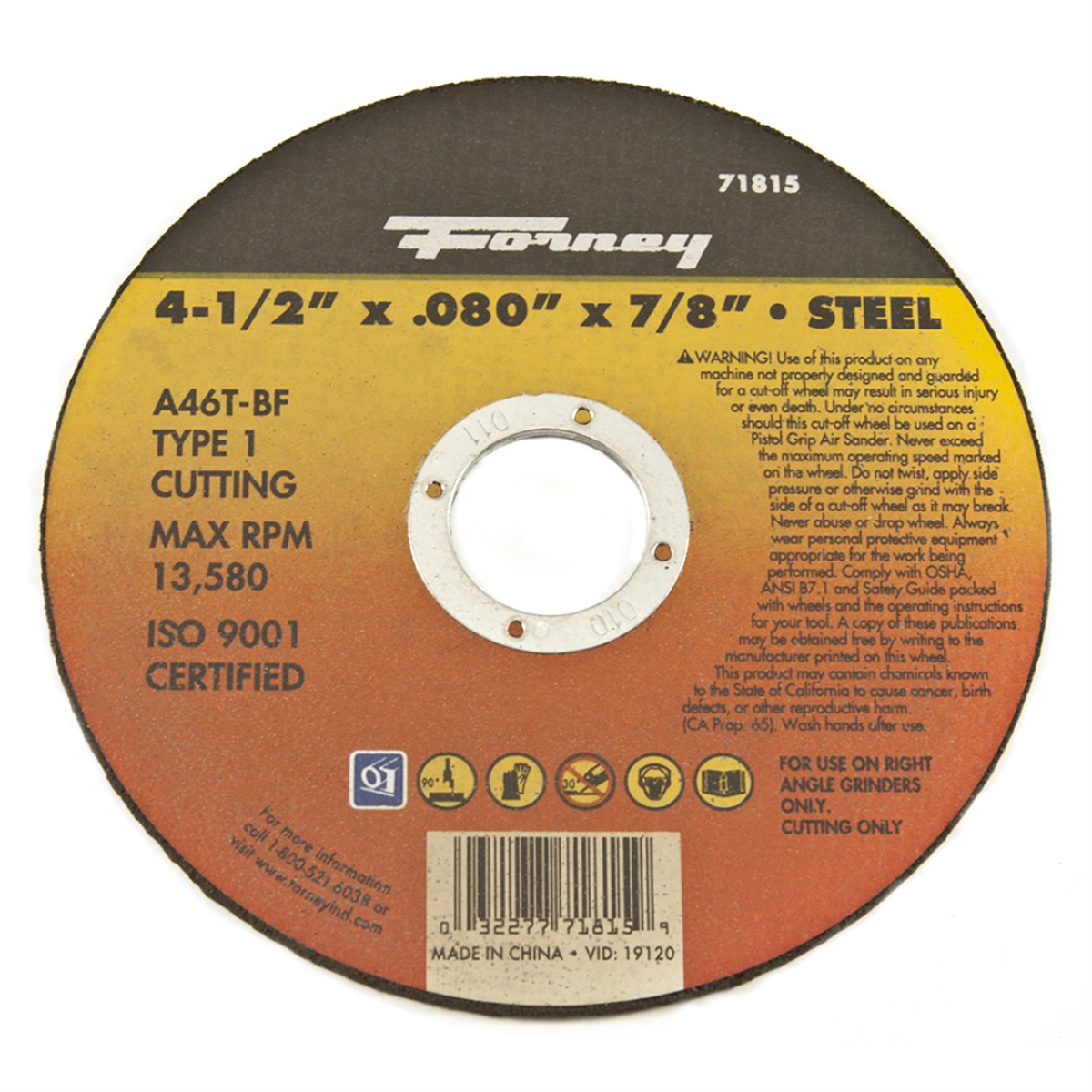 Forney Industries Cut-Off Wheel, Metal, Type 1, 4-1/2 in x .080 in x 7/8 in - 71815 - B2B Diesel & Gas Service