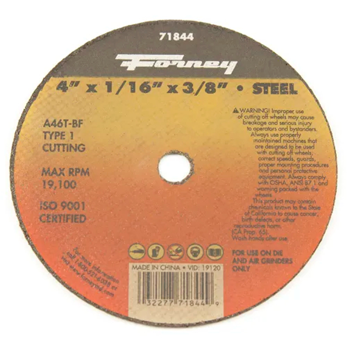 Forney Industries Cut-Off Wheel, Metal, Type 1, 4 in x 1/16 in x 3/8 in 5 PK - 71844-5 - B2B Diesel & Gas Service