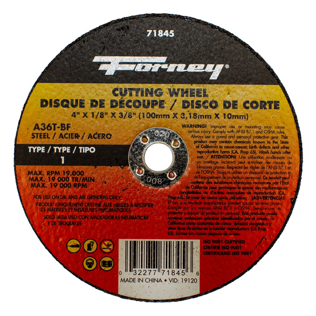 Forney Industries Cut-Off Wheel, Metal, Type 1, 4 in x 1/8 in x 3/8 in - 71845 - B2B Diesel & Gas Service