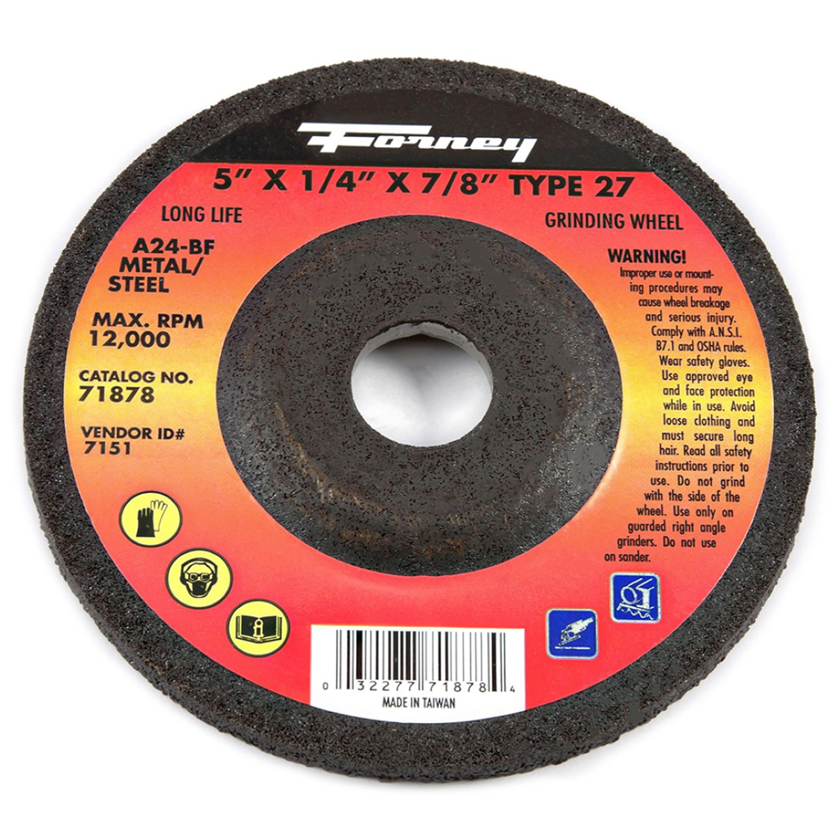 Forney Industries Grinding Wheel, Metal, Type 27, 5 in x 1/4 in x 7/8 in - 71878 - B2B Diesel & Gas Service