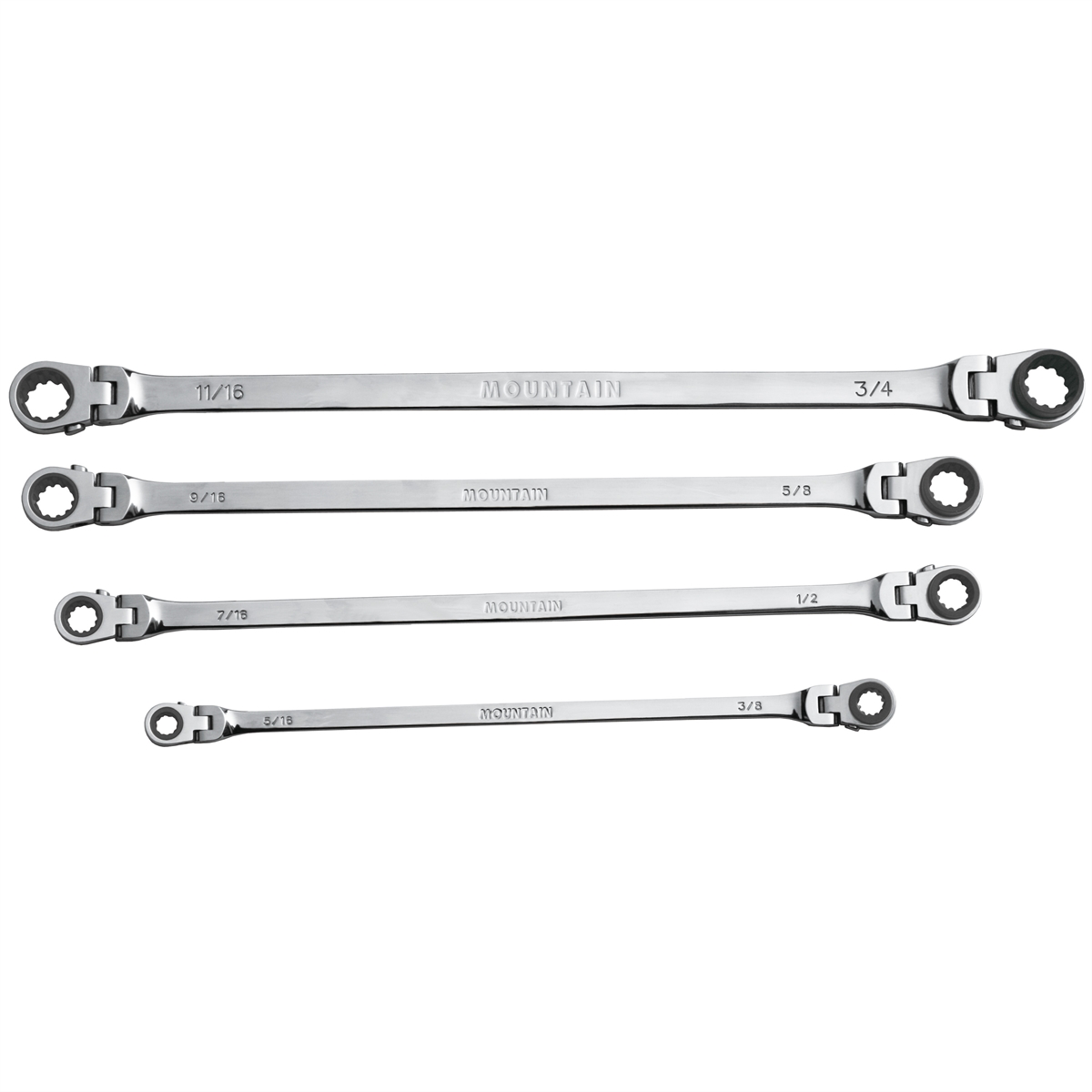 Mountain RF7 SAE Reversible Double Raised Box Ratcheting Wrench Set, Universal Spline, 90 Tooth Design, 180 Degree Rotating Head, Sizes 5/16", 3/8", 7/16", 1/2", 9/16" 5/8", 11/16", 3/4", 4-Piece EX-PFFGBXZ-4PC - B2B Diesel & Gas Service