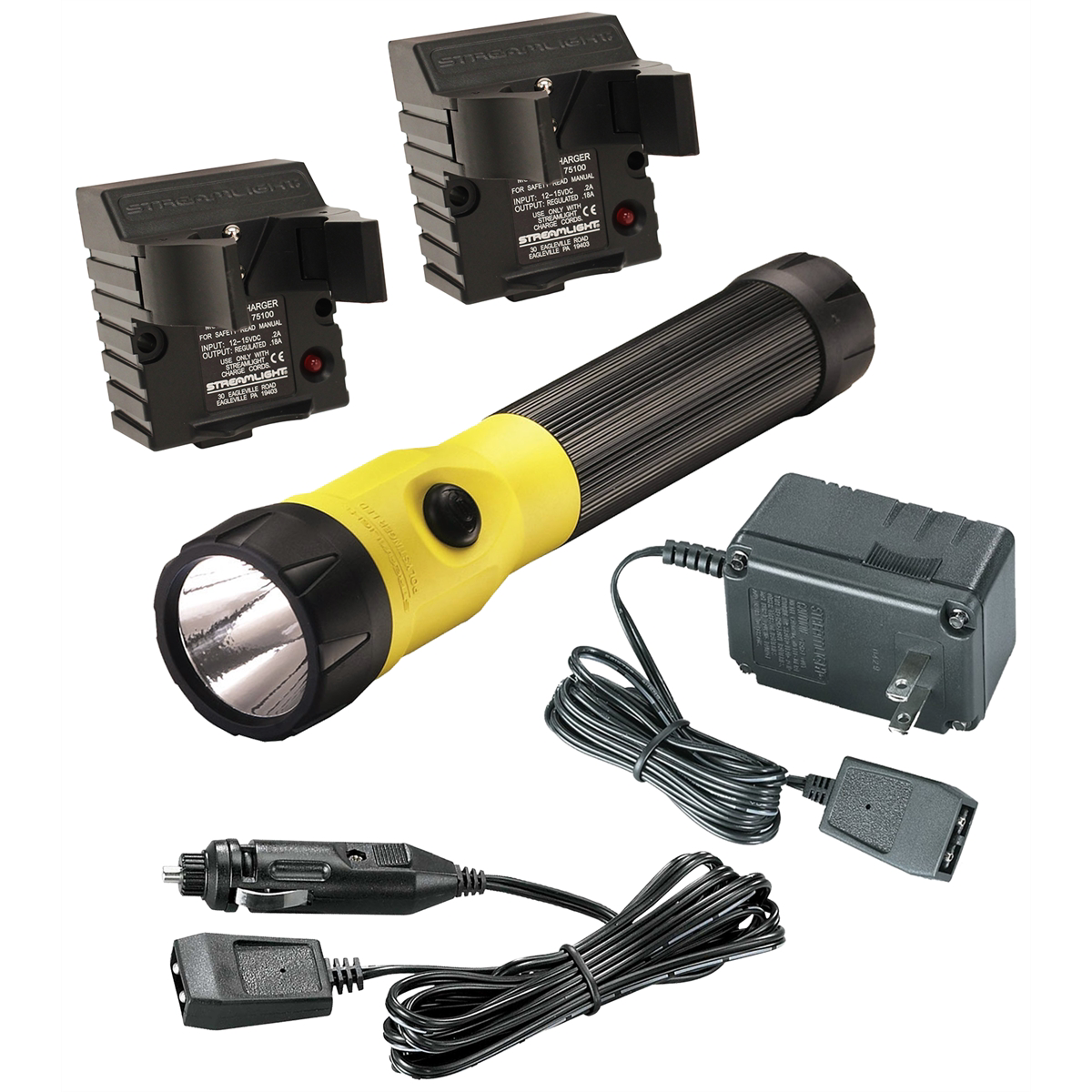 Streamlight 485 Lumen PolyStinger LED Flashlight - 120V/100V AC/12V DC - 2 Holders - Yellow - B2B Diesel & Gas Service
