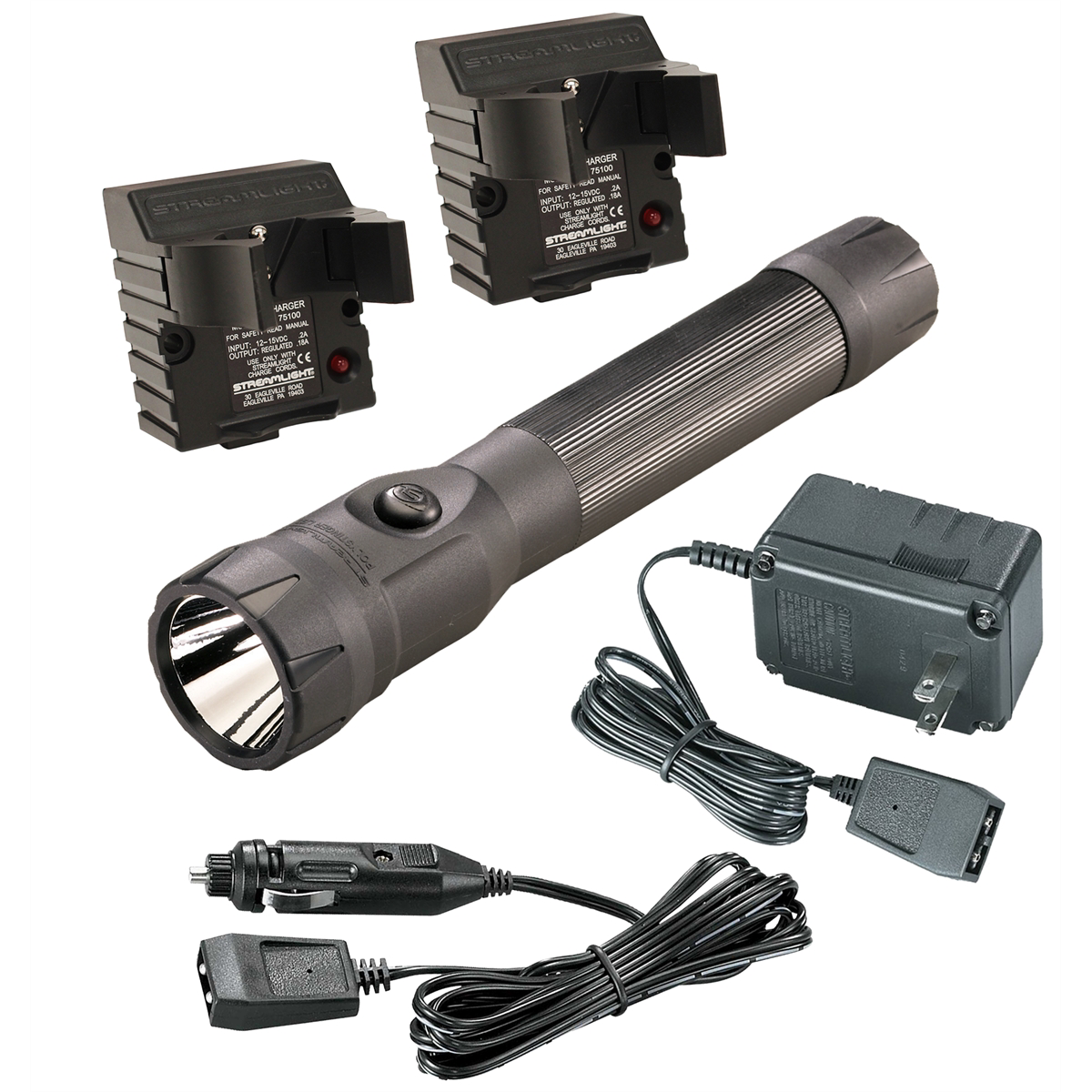 Streamlight 485 Lumen PolyStinger DS LED Flashlight - 120V/100V AC/12V DC - 2 Holders - Black - B2B Diesel & Gas Service