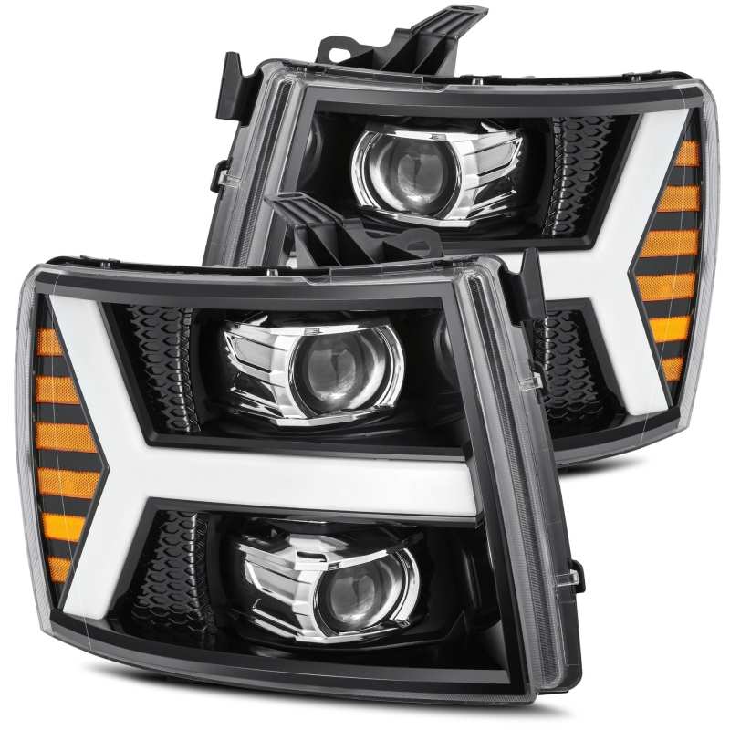 AlphaRex 07-13 Chevy 1500 LUXX LED Proj Headlights Plank Style Jet Blk w/ Activ Light/Seq Signal/DRL - B2B Diesel & Gas Service