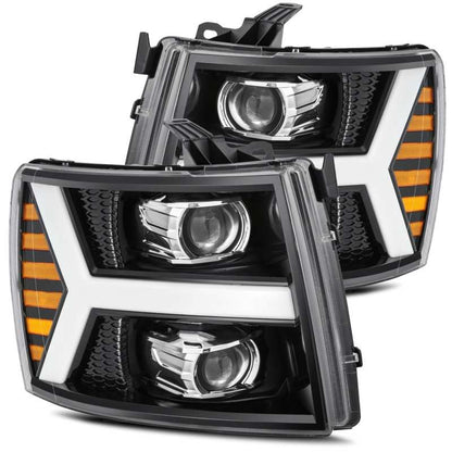 AlphaRex 07-13 Chevy 1500 LUXX LED Proj Headlights Plank Style Jet Blk w/ Activ Light/Seq Signal/DRL - B2B Diesel & Gas Service