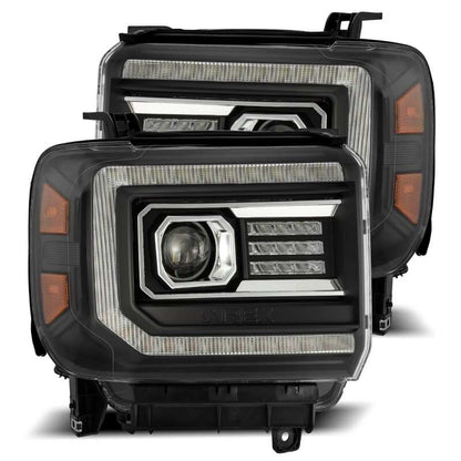 AlphaRex 14-18 GMC Sierra LUXX LED Proj Headlights Plank Style Black w/Activ Light/Seq Signal/DRL - B2B Diesel & Gas Service