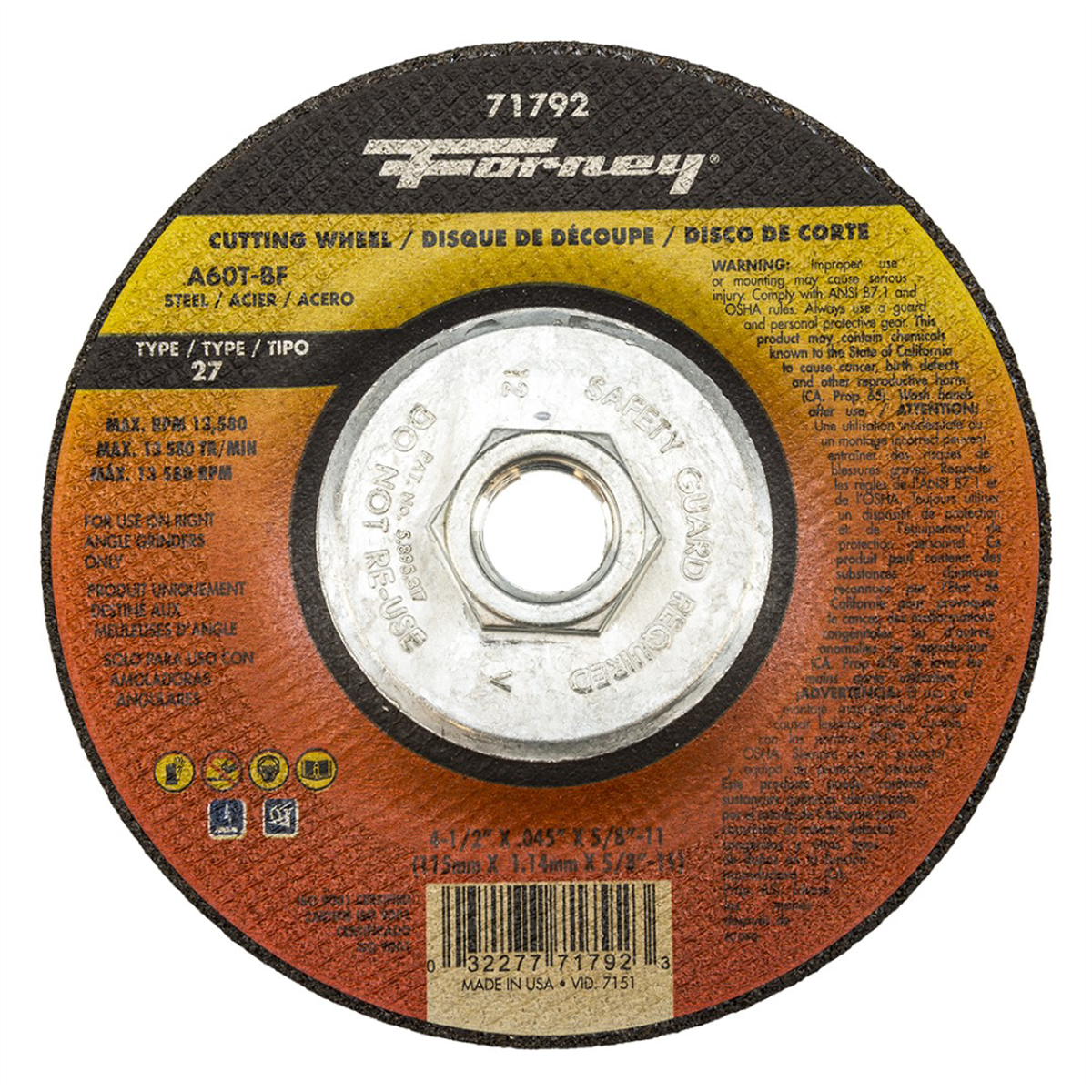 Forney Industries Cut-Off Wheel, Metal, Type 27, 4-1/2 in x .045 in x 5/8 in-11 - 71792 - B2B Diesel & Gas Service