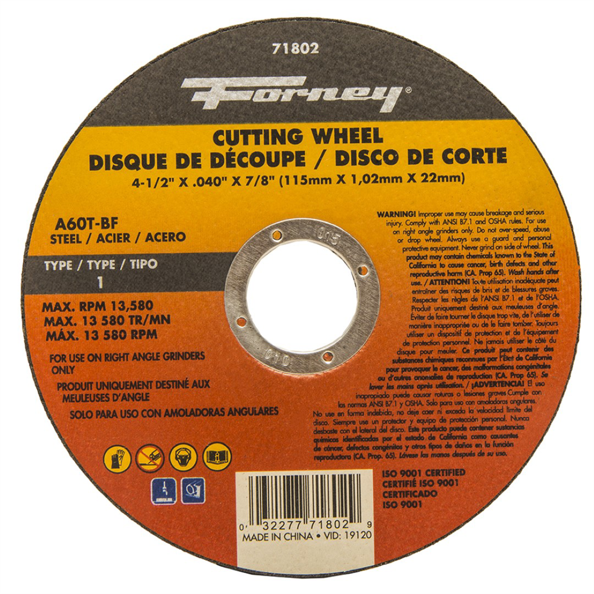 Forney Industries CUT-OFF WHEEL, METAL, TYPE 1 (FLAT), 4-1/2 IN X .040 IN X 7/8 IN - 71802 - B2B Diesel & Gas Service