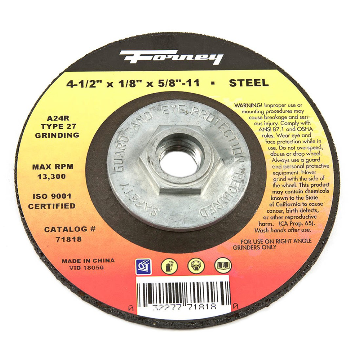 Forney Industries Grinding Wheel, Metal, Type 27, 4-1/2 in x 1/8 in x 5/8 in-11 - 71818 - B2B Diesel & Gas Service