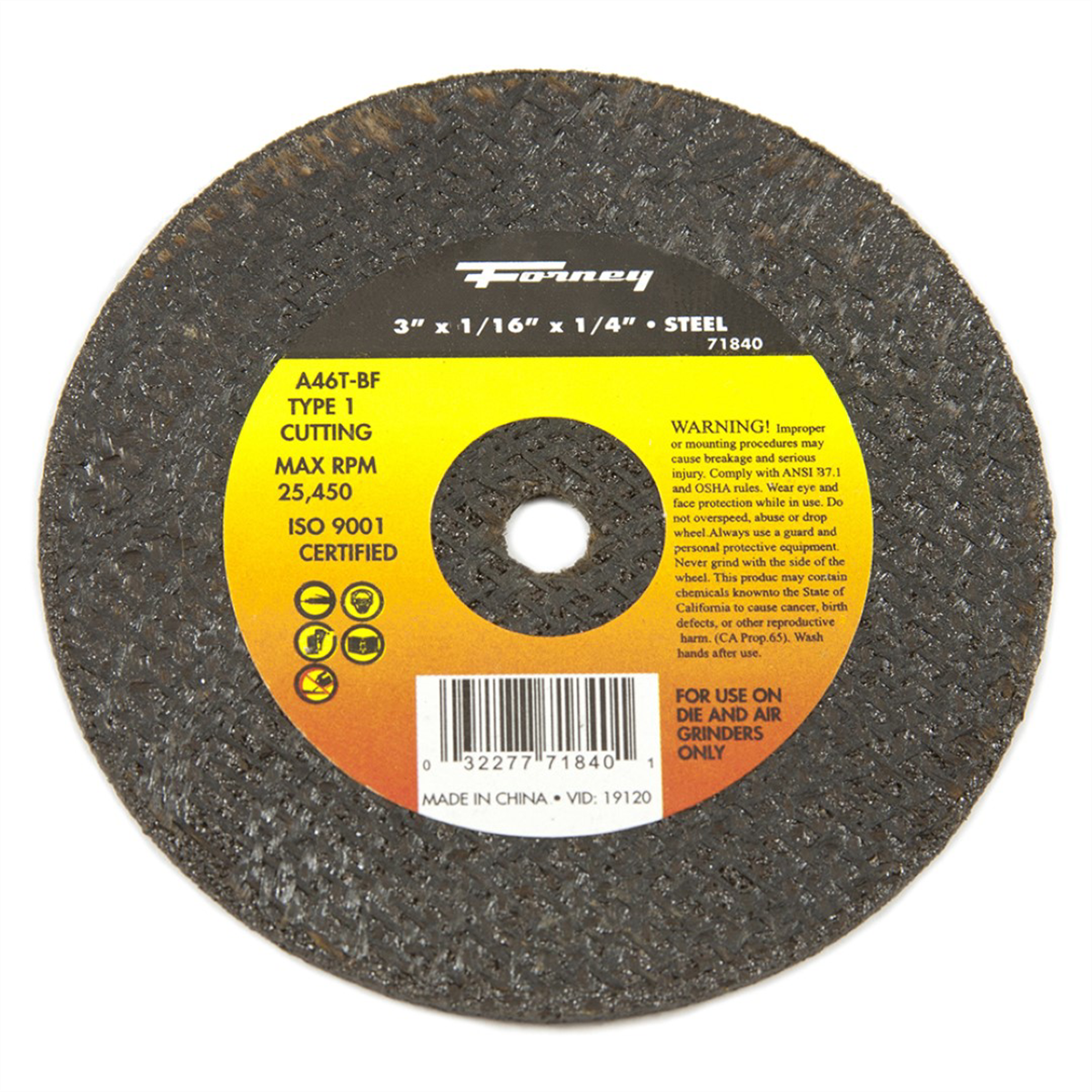 Forney Industries CUT-OFF WHEEL, METAL, TYPE 1 (FLAT), 3 IN X 1/16 IN X 1/4 IN - 71840 - B2B Diesel & Gas Service