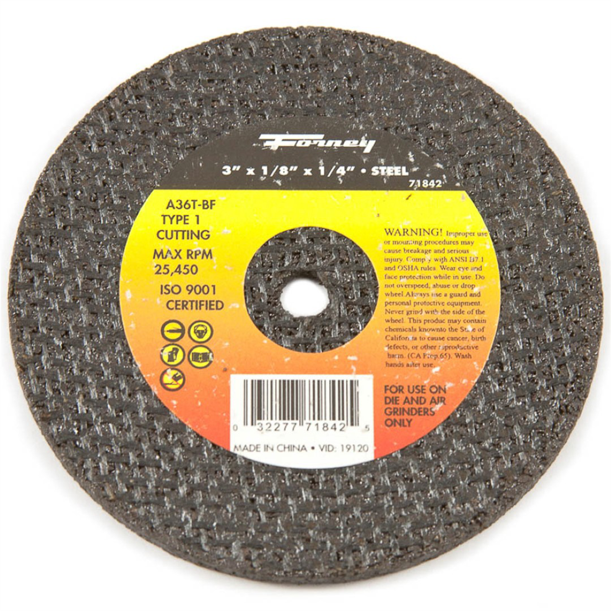 Forney Industries Cut-Off Wheel, Metal, Type 1, 3 in x 1/8 in x 1/4 in - 71842 - B2B Diesel & Gas Service