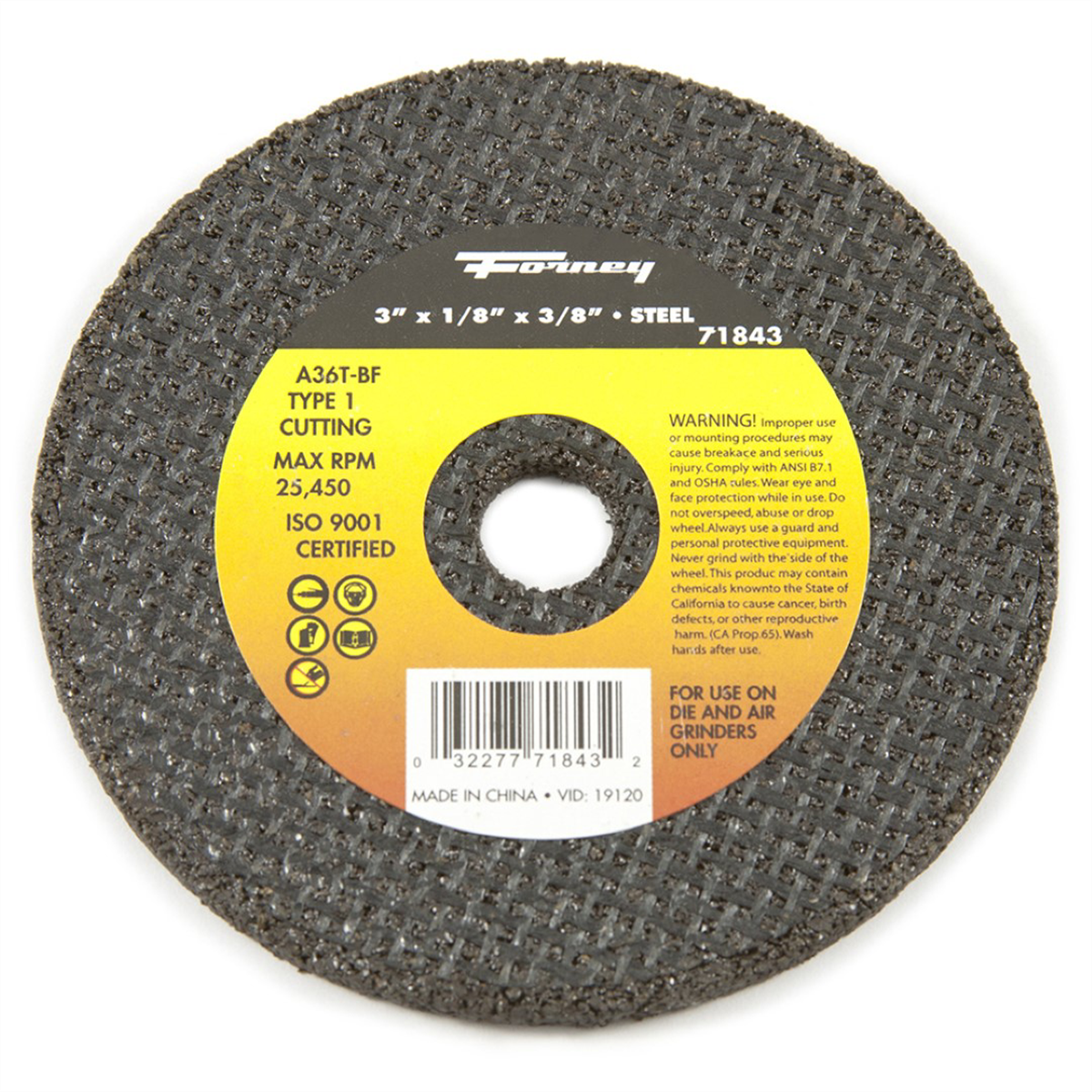 Forney Industries Cut-Off Wheel, Metal, Type 1, 3 in x 1/8 in x 3/8 in - 71843 - B2B Diesel & Gas Service