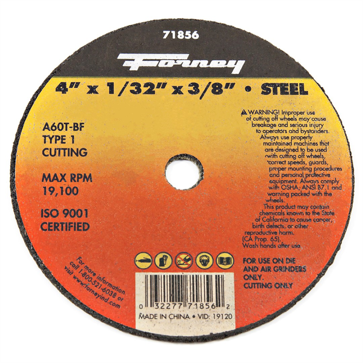 Forney Industries CUT-OFF WHEEL, METAL, TYPE 1 (FLAT), 4 IN X 1/32 IN X 3/8 IN - 71856 - B2B Diesel & Gas Service