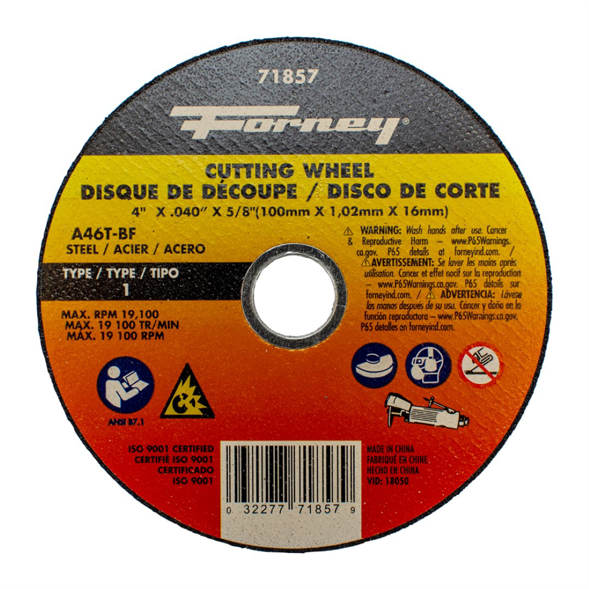 Forney Industries Cut-Off Wheel, Metal, Type 1, 4 in x .040 in x 5/8 in - 71857 - B2B Diesel & Gas Service