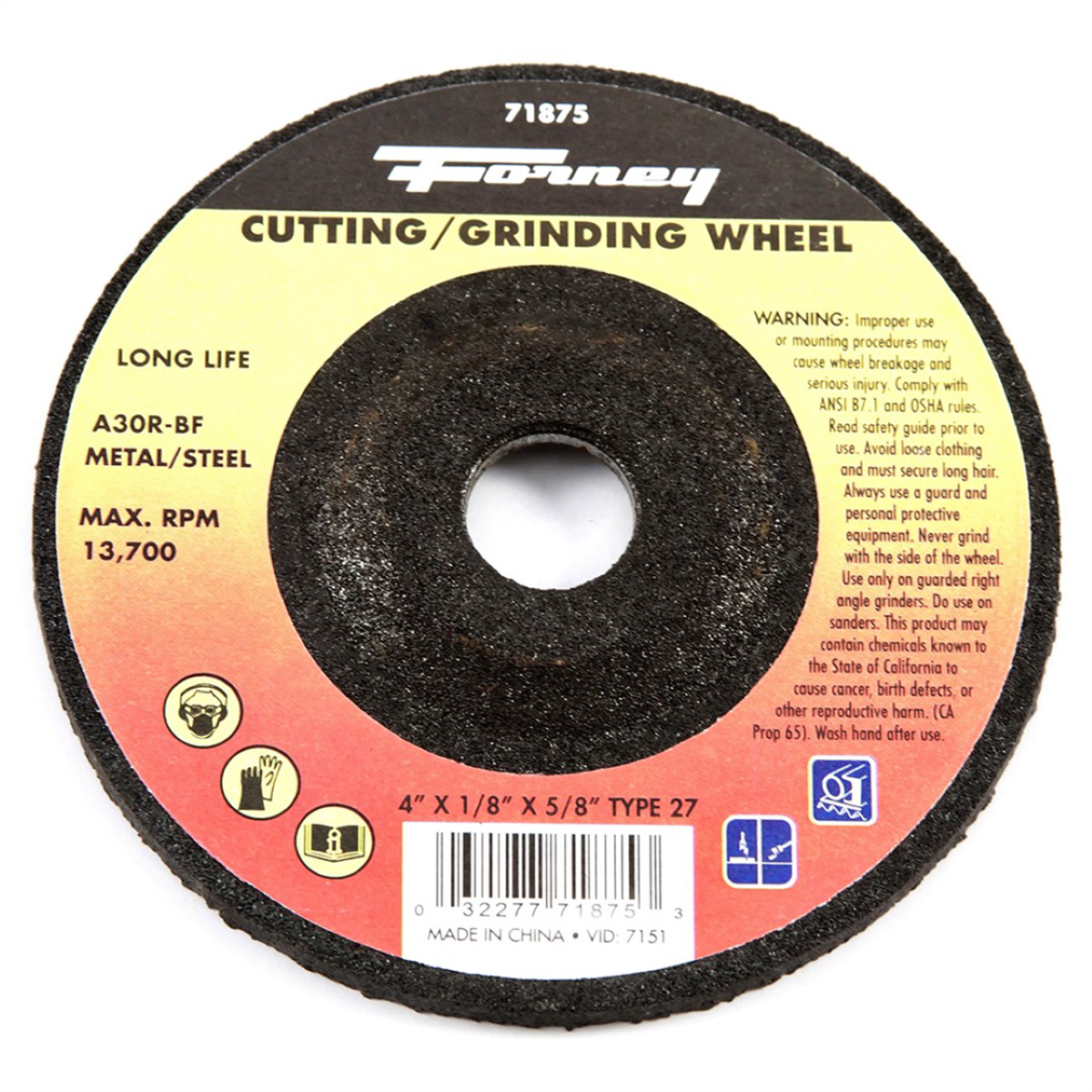 Forney Industries Grinding Wheel, Metal, Type 27, 4 in x 1/8 in x 5/8 in - 71875 - B2B Diesel & Gas Service