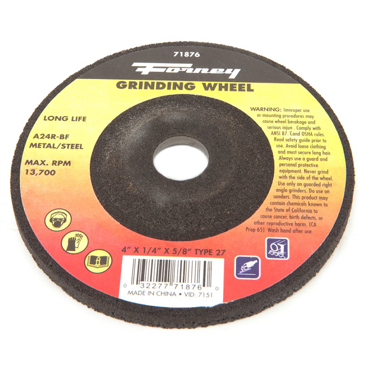 Forney Industries Grinding Wheel, Metal, Type 27, 4 in x 1/4 in x 5/8 in - 71876 - B2B Diesel & Gas Service