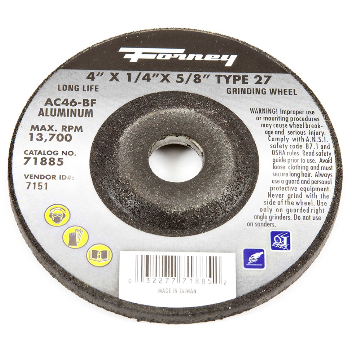 Forney Industries Grinding Wheel, Aluminum, Type 27, 4 in x 1/4 in x 5/8 in - 71885 - B2B Diesel & Gas Service