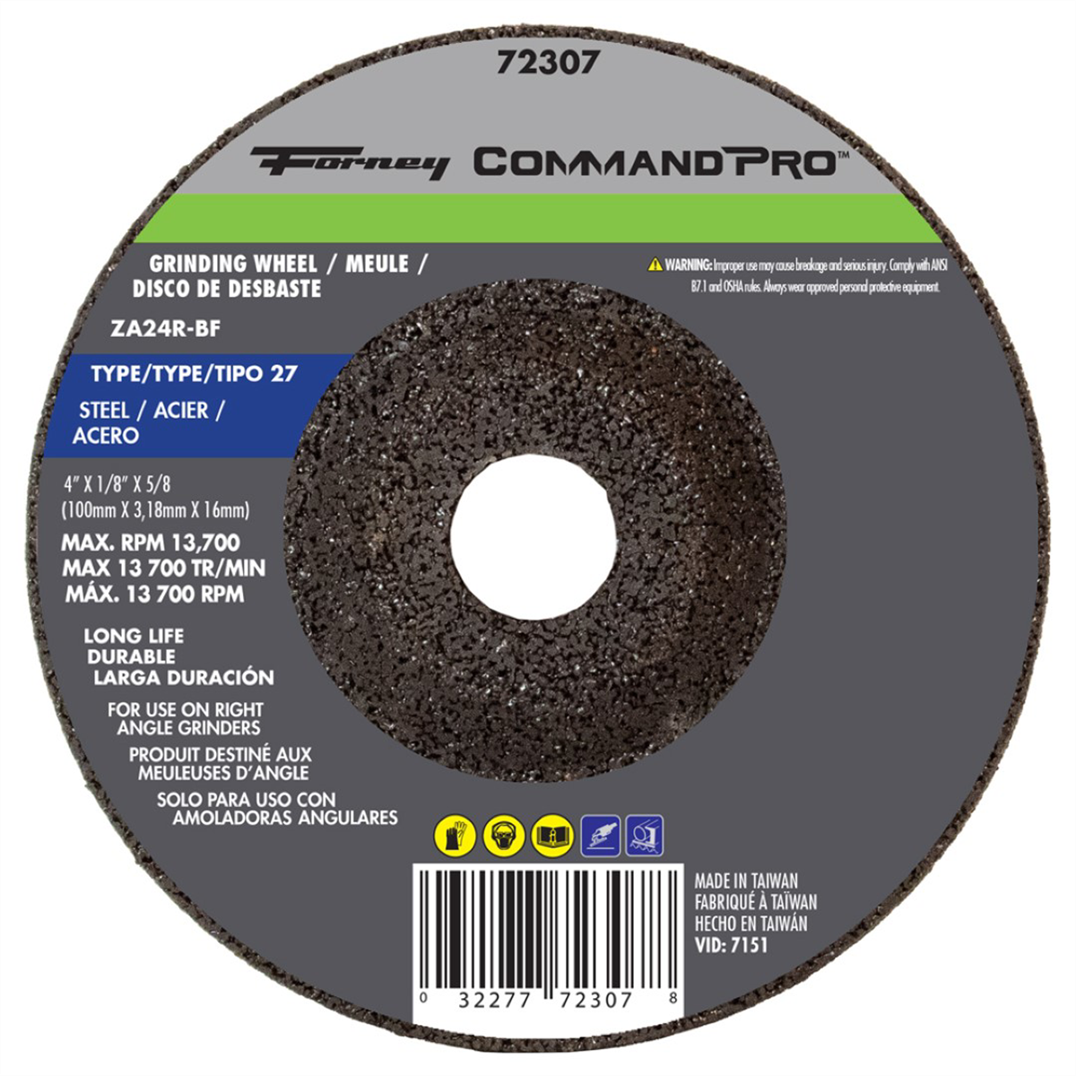 Forney Industries Grinding Wheel, Metal, Type 27, 4 in x 1/4 in x 5/8 in - 72307 - B2B Diesel & Gas Service