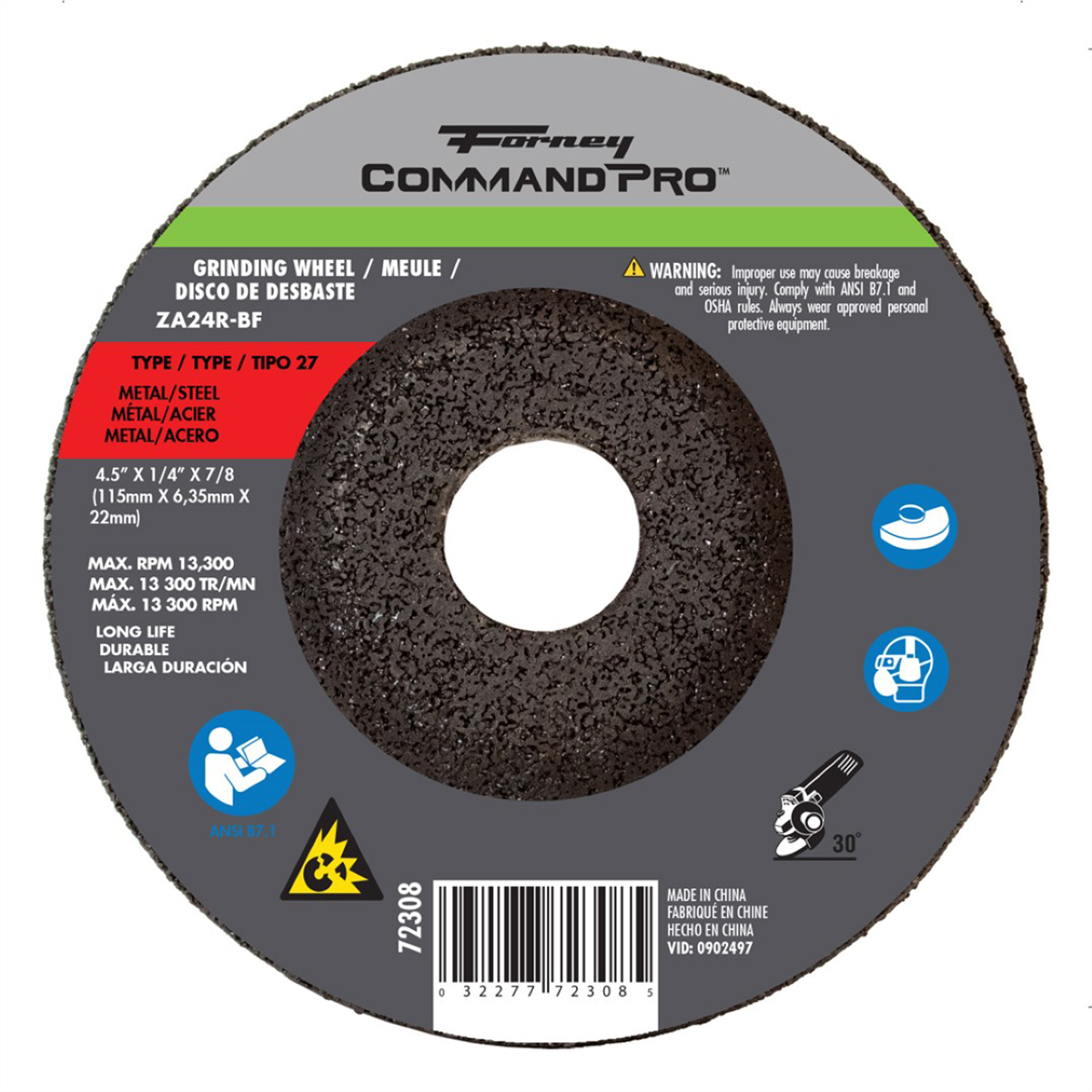 Forney Industries Grinding Wheel, Metal, Type 27, 4-1/2 in x 1/4 in x 7/8 in - 72308 - B2B Diesel & Gas Service