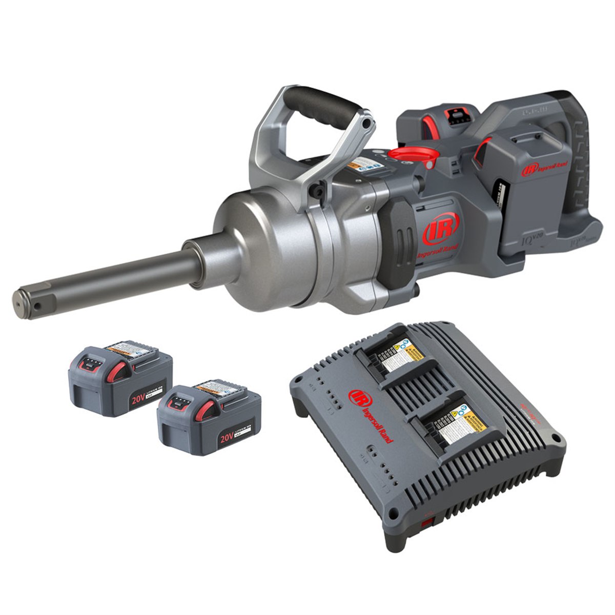 Ingersoll Rand 1 Inch 20V Cordless Impact Wrench 4 Battery Kit, 6 Inch Ext Anvil, 3000 ft-lb Torque, Friction Ring-Thru-hole Retainer, D-Handle