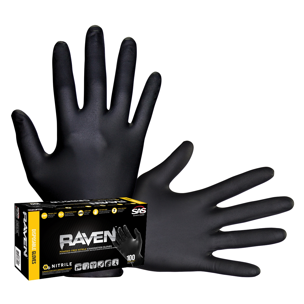 SAS Safety Raven Black 7mil PF Nitrile Gloves, Large (pk of 100 ...
