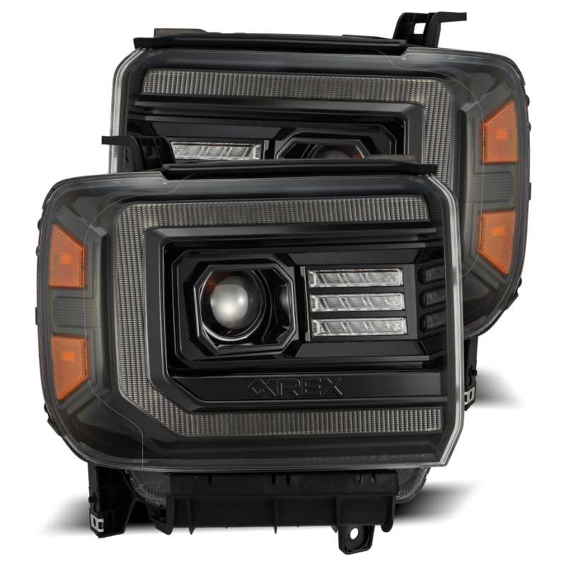 AlphaRex 14-18 GMC Sierra LUXX LED Proj Headlights Plnk Style Alpha Blk w/Activ Light/Seq Signal/DRL - B2B Diesel & Gas Service