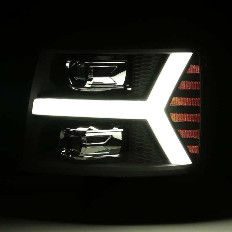 AlphaRex 07-13 Chevy 1500 LUXX LED Proj Headlights Plank Style Jet Blk w/ Activ Light/Seq Signal/DRL - B2B Diesel & Gas Service
