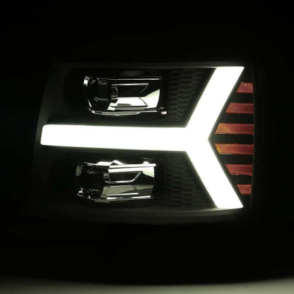 AlphaRex 07-13 Chevy 1500 LUXX LED Proj Headlights Plank Style Jet Blk w/ Activ Light/Seq Signal/DRL - B2B Diesel & Gas Service