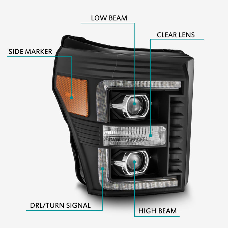 AlphaRex 11-16 Ford F-250 SD PRO-Series Projector Headlights Plank Style Design Black w/Seq Signal - B2B Diesel & Gas Service