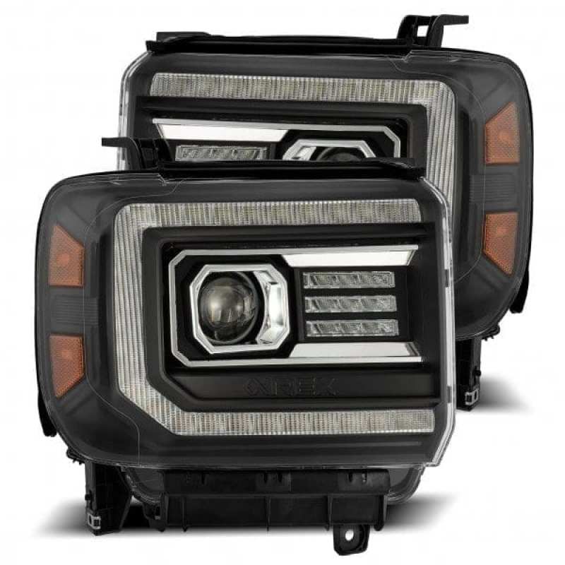 AlphaRex 14-18 GMC Sierra LUXX LED Proj Headlights Plank Style Black w/Activ Light/Seq Signal/DRL - B2B Diesel & Gas Service