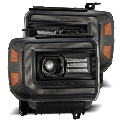 AlphaRex 14-18 GMC Sierra LUXX LED Proj Headlights Plnk Style Alpha Blk w/Activ Light/Seq Signal/DRL - B2B Diesel & Gas Service
