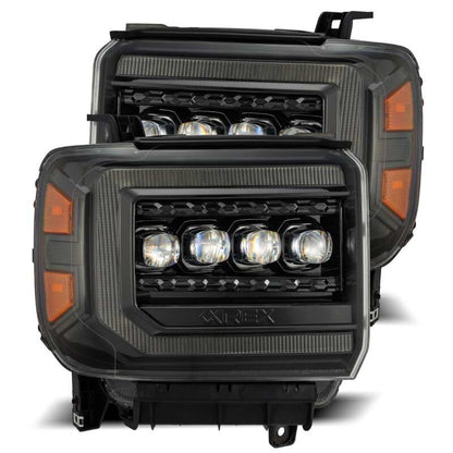 AlphaRex 14-18 GMC Sierra NOVA LED Proj Headlights Plnk Style Alpha Blk w/Activ Light/Seq Signal/DRL - B2B Diesel & Gas Service